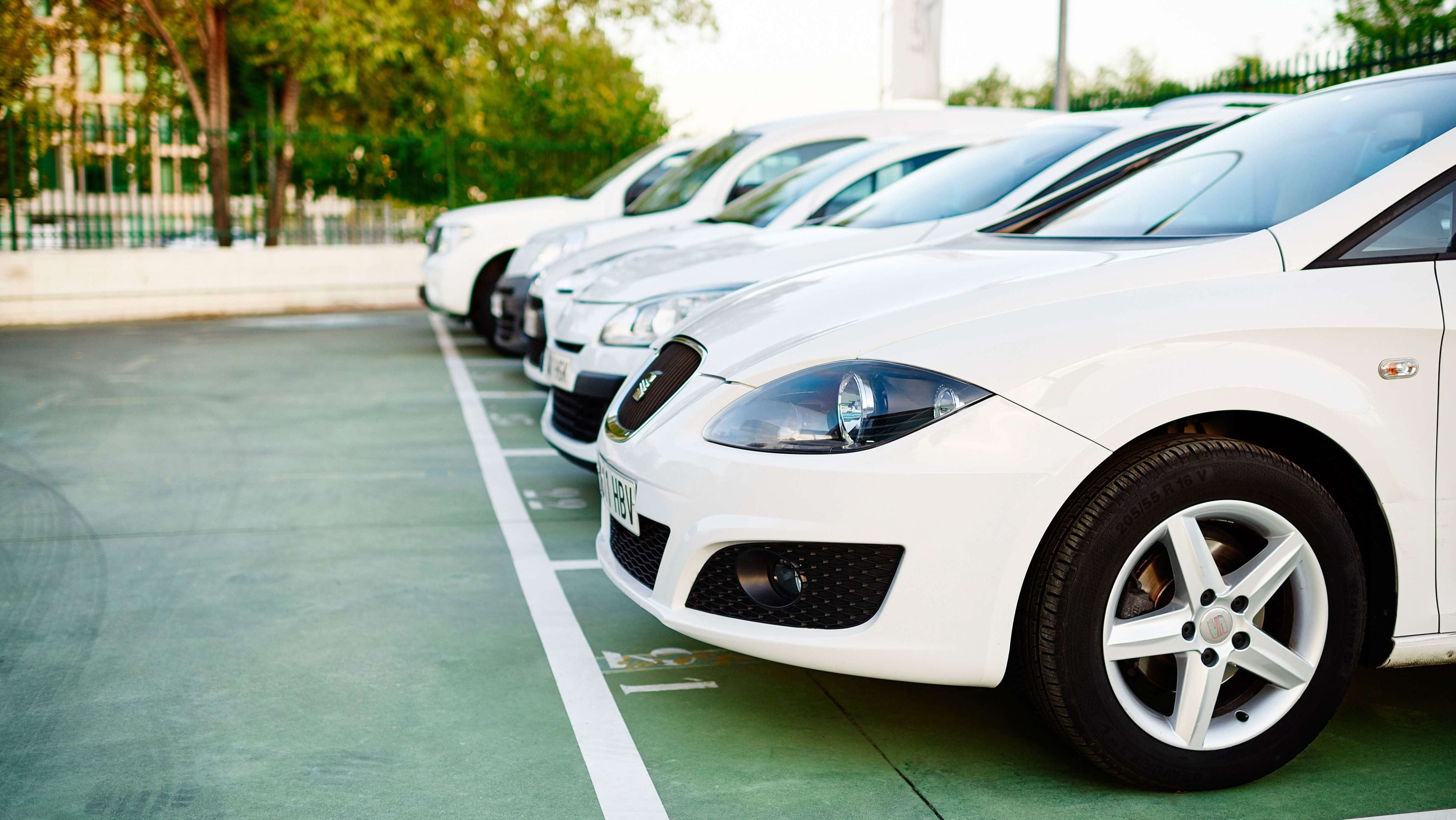 a series of white cars in the parking lot