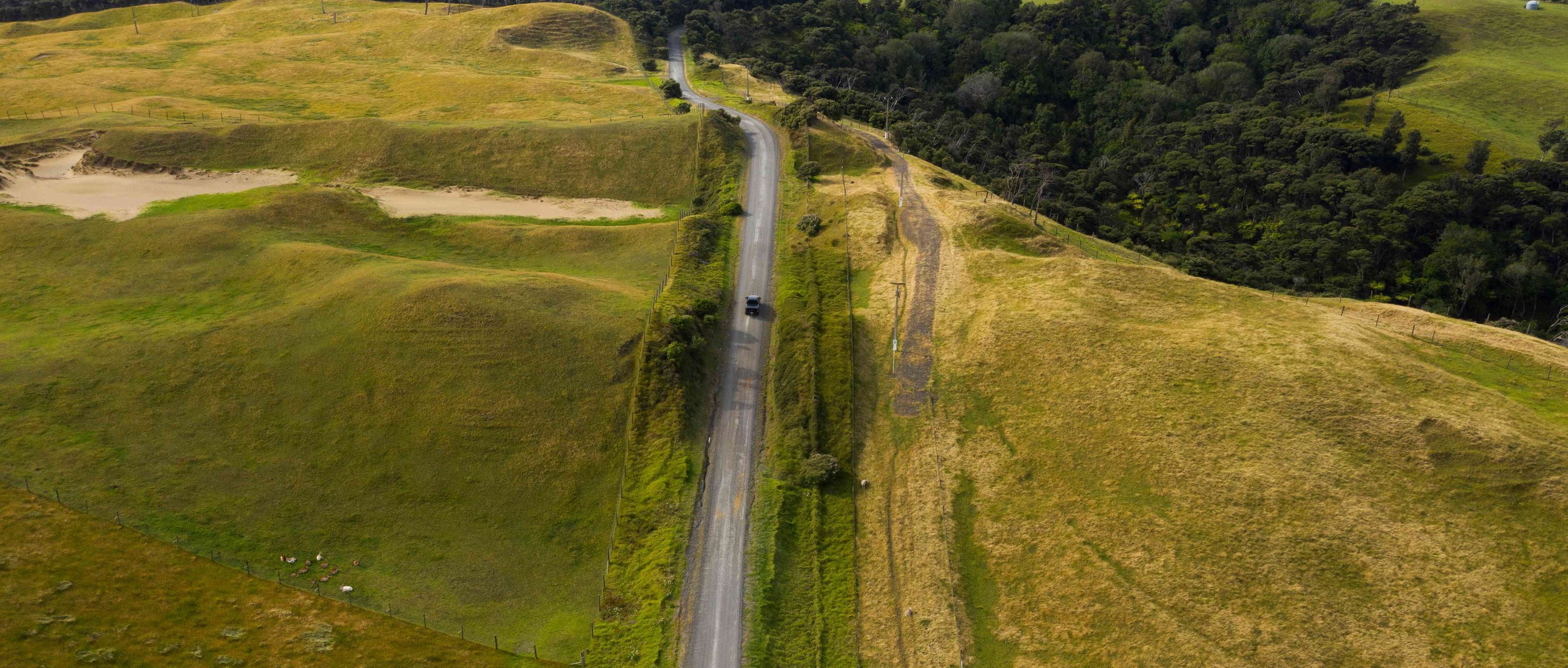 Aerial shot of a rural road passing through the greenery