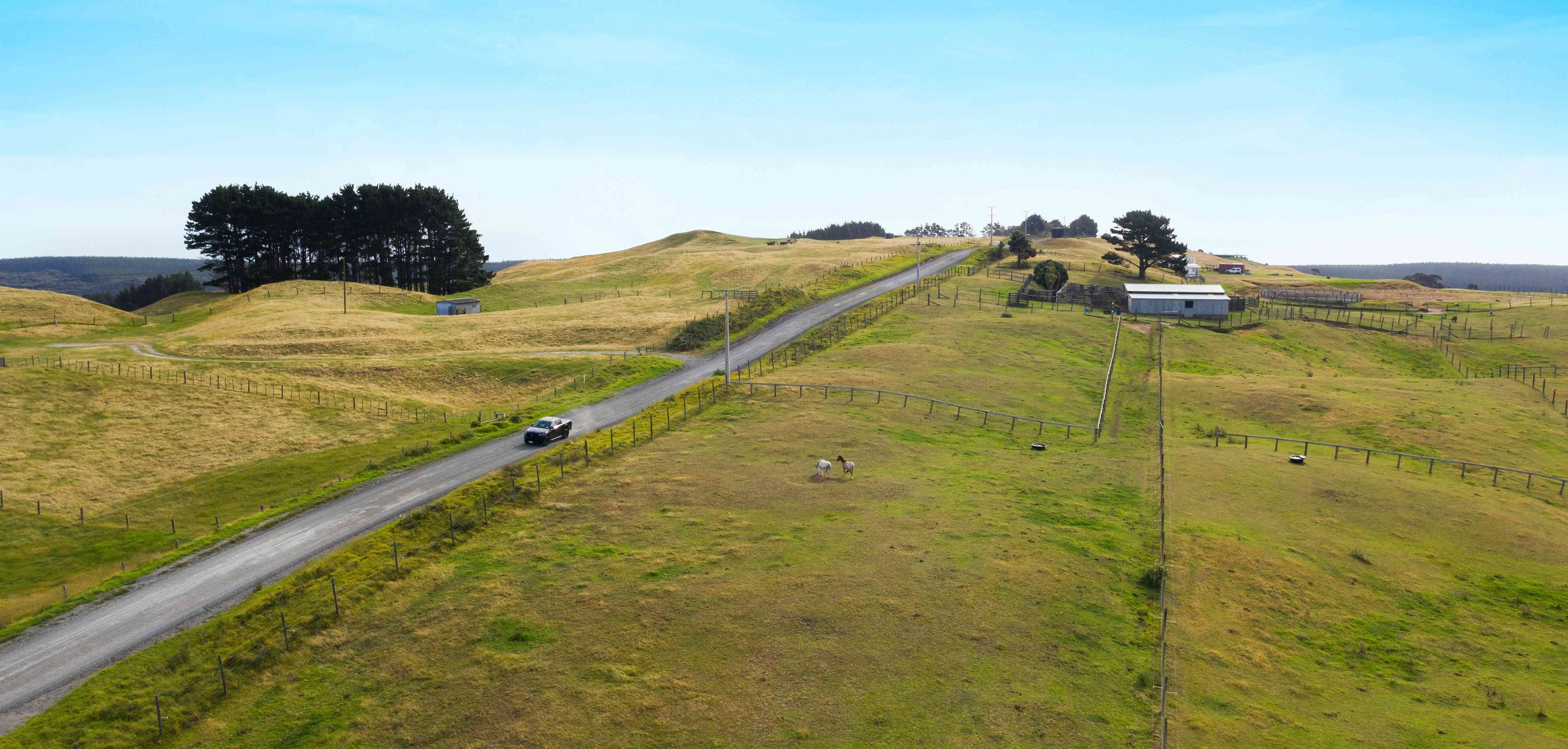 Aerial view of a country road with a car surrounded by green rural fields